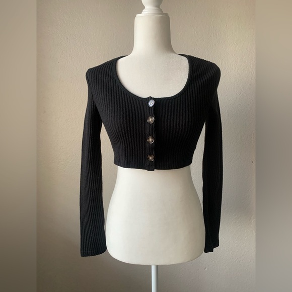 Lily Rose Tops - Lily Rose Black Ribbed Button-Up Crop Top Size Small